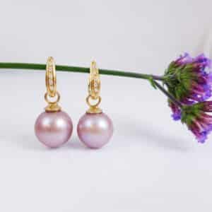 oorbellen van 18k goud met echte parels, natuurlijk roze en diamanten